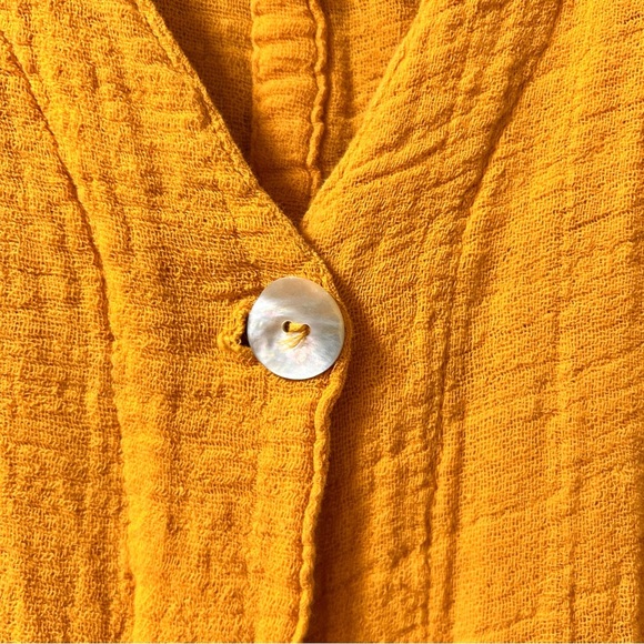 ABACÁ Crinkle Cotton Gauze Mustard Yellow Tunic Top Boho Oversized Button Front - Picture 5 of 7